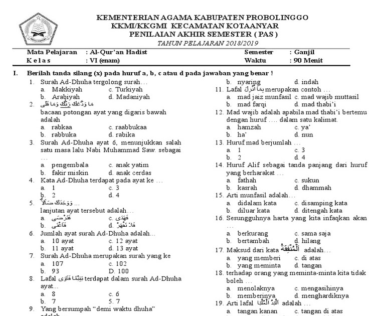 Contoh soal alquran hadits kelas 4 mi semester genap
