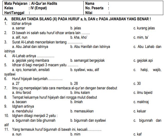 Contoh soal al-quran kelas 4 sd