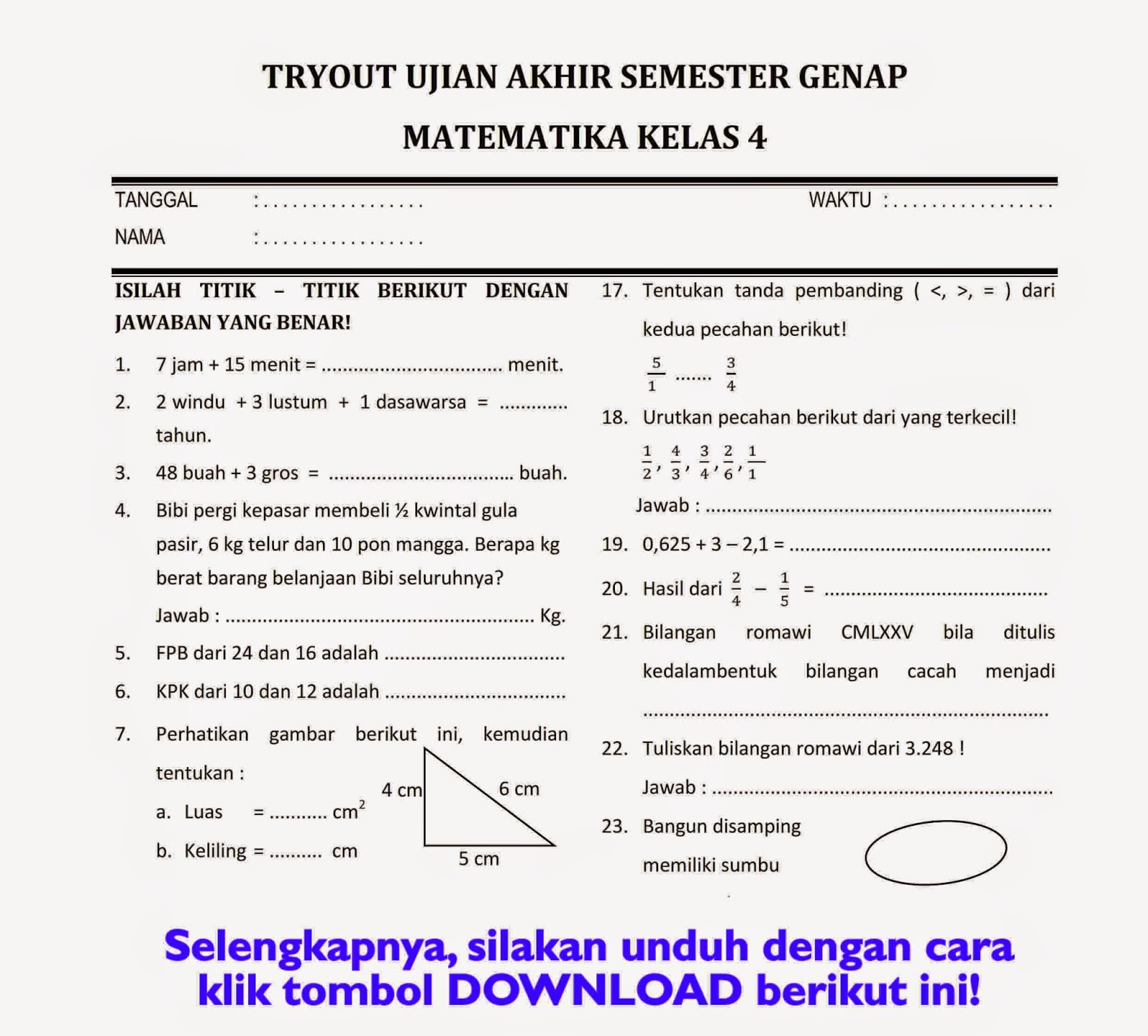 Download soal ukk matematika kelas 4 Download soal ukk matematika kelas 4