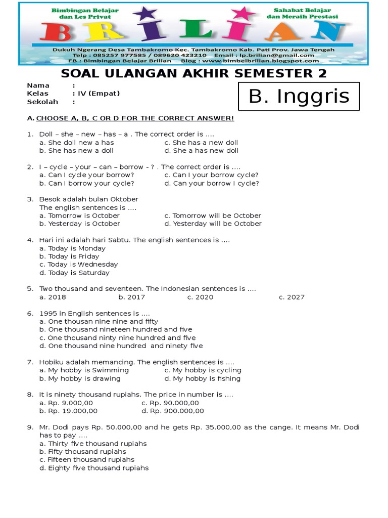 Mengintip Kisi-kisi Sukses: Contoh Soal UTS Bahasa Inggris Kelas 4 Semester 2 Bimbelian dan Strategi Menjawabnya Mengintip Kisi-kisi Sukses: Contoh Soal UTS Bahasa Inggris Kelas 4 Semester 2 Bimbelian dan Strategi Menjawabnya