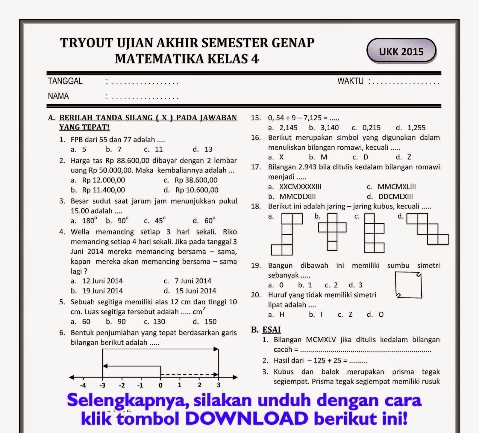 Download soal ukk matematika kelas 4 k 13