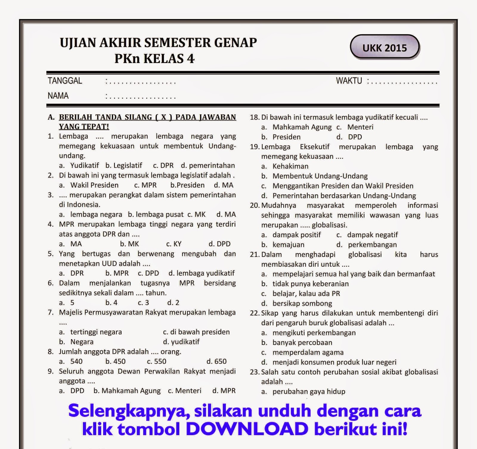 Download soal ukk pkn kelas 3 4 5 semester 2