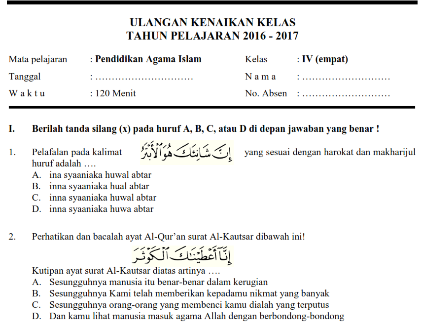 Download soal ukk pai kelas 4 semester 2 Download soal ukk pai kelas 4 semester 2