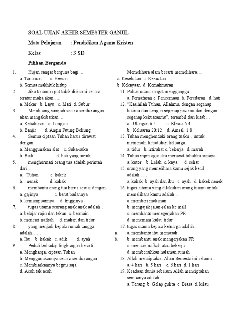 Mempersiapkan Masa Depan Iman: Contoh Soal UAS Agama Kristen Kelas 3 Semester 1 KTSP dan Strategi Pembelajaran Efektif