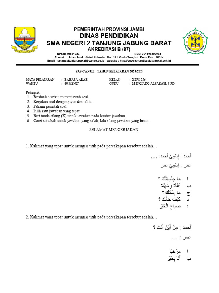 Menguasai Kosa Kata dan Kalimat Sederhana: Contoh Soal UAS Bahasa Arab Kelas 1 dan 2 SD