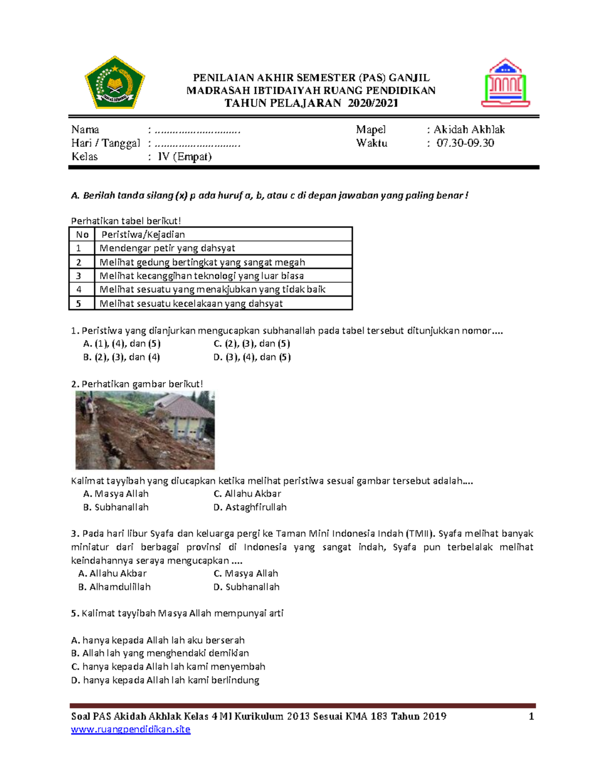 Mengasah Pemahaman: Contoh Soal UAS Akidah Akhlak Kelas 4 MI Semester 1 untuk Persiapan Maksimal