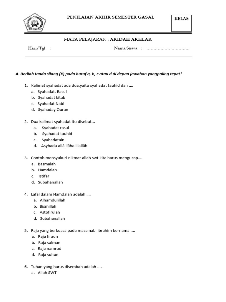 Membangun Pondasi Iman dan Budi Pekerti: Contoh Soal UAS Aqidah Akhlaq Kelas 3 MI Semester 1